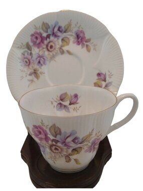 Royal Albert Floral Teacup Saucer Bone China White Purple Gold Trim England